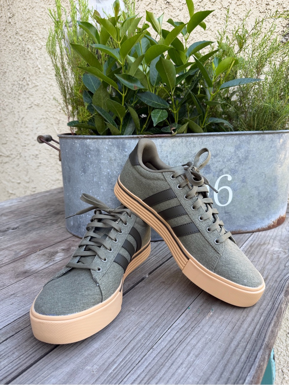 adidas Olive Green Canvas Low-Top Sneakers with Gum Sole